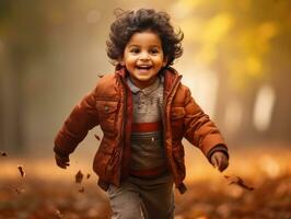 Indian kid in playful emontional dynamic pose on autumn background AI Generative photo