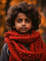 Indian kid in playful emontional dynamic pose on autumn background AI Generative photo