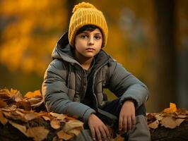 Indian kid in playful emontional dynamic pose on autumn background AI Generative photo