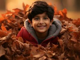 Indian kid in playful emontional dynamic pose on autumn background AI Generative photo