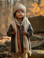 Indian kid in playful emontional dynamic pose on autumn background AI Generative photo