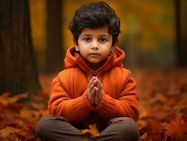Indian kid in playful emontional dynamic pose on autumn background AI Generative photo