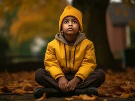 Indian kid in playful emontional dynamic pose on autumn background AI Generative photo