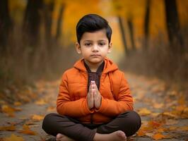 Indian kid in playful emontional dynamic pose on autumn background AI Generative photo