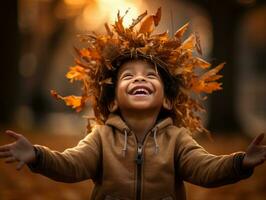 Indian kid in playful emontional dynamic pose on autumn background AI Generative photo