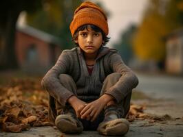 Indian kid in playful emontional dynamic pose on autumn background AI Generative photo