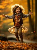 Indian kid in playful emontional dynamic pose on autumn background AI Generative photo