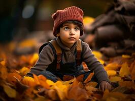 Indian kid in playful emontional dynamic pose on autumn background AI Generative photo