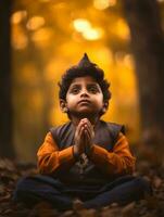 Indian kid in playful emontional dynamic pose on autumn background AI Generative photo