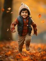 Indian kid in playful emontional dynamic pose on autumn background AI Generative photo