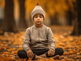 Indian kid in playful emontional dynamic pose on autumn background AI Generative photo