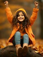 Indian kid in playful emontional dynamic pose on autumn background AI Generative photo