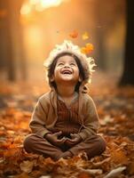 Indian kid in playful emontional dynamic pose on autumn background AI Generative photo