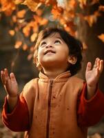 Indian kid in playful emontional dynamic pose on autumn background AI Generative photo