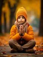 Indian kid in playful emontional dynamic pose on autumn background AI Generative photo