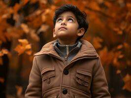 Indian kid in playful emontional dynamic pose on autumn background AI Generative photo