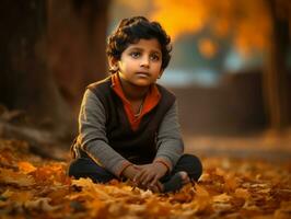 Indian kid in playful emontional dynamic pose on autumn background AI Generative photo