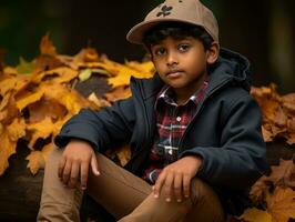 Indian kid in playful emontional dynamic pose on autumn background AI Generative photo
