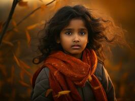 Indian kid in playful emontional dynamic pose on autumn background AI Generative photo