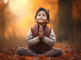 Indian kid in playful emontional dynamic pose on autumn background AI Generative photo