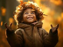 Indian kid in playful emontional dynamic pose on autumn background AI Generative photo