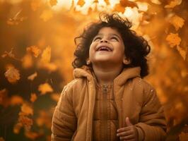 Indian kid in playful emontional dynamic pose on autumn background AI Generative photo