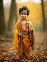 Indian kid in playful emontional dynamic pose on autumn background AI Generative photo