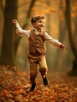 Indian kid in playful emontional dynamic pose on autumn background AI Generative photo