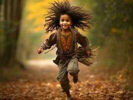 Indian kid in playful emontional dynamic pose on autumn background AI Generative photo