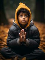 Indian kid in playful emontional dynamic pose on autumn background AI Generative photo