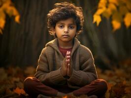 Indian kid in playful emontional dynamic pose on autumn background AI Generative photo