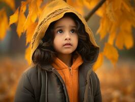 indio niño en juguetón emocional dinámica actitud en otoño antecedentes ai generativo foto