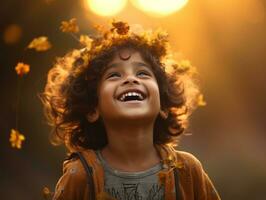 Indian kid in playful emontional dynamic pose on autumn background AI Generative photo