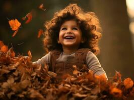 Indian kid in playful emontional dynamic pose on autumn background AI Generative photo