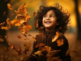 Indian kid in playful emontional dynamic pose on autumn background AI Generative photo