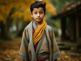 indio niño en juguetón emocional dinámica actitud en otoño antecedentes ai generativo foto
