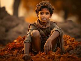 Indian kid in playful emontional dynamic pose on autumn background AI Generative photo