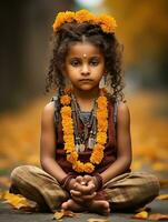 Indian kid in playful emontional dynamic pose on autumn background AI Generative photo