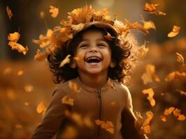 Indian kid in playful emontional dynamic pose on autumn background AI Generative photo