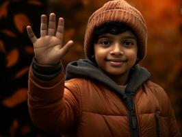 Indian kid in playful emontional dynamic pose on autumn background AI Generative photo