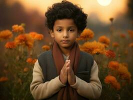 Indian kid in playful emontional dynamic pose on autumn background AI Generative photo