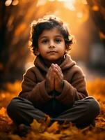 Indian kid in playful emontional dynamic pose on autumn background AI Generative photo