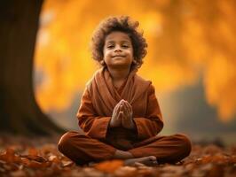 Indian kid in playful emontional dynamic pose on autumn background AI Generative photo