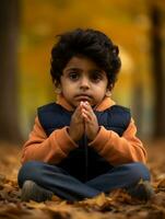 Indian kid in playful emontional dynamic pose on autumn background AI Generative photo