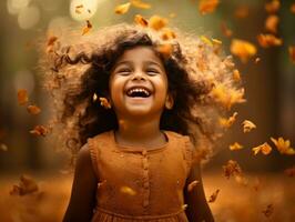Indian kid in playful emontional dynamic pose on autumn background AI Generative photo