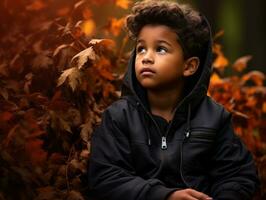 indio niño en juguetón emocional dinámica actitud en otoño antecedentes ai generativo foto