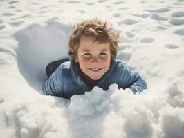 kid enjoys the winter snowy day in playful pose AI Generative photo