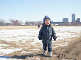 kid enjoys the winter snowy day in playful pose AI Generative photo