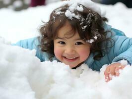 kid enjoys the winter snowy day in playful pose AI Generative photo