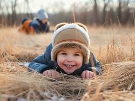 kid enjoys the winter snowy day in playful pose AI Generative photo